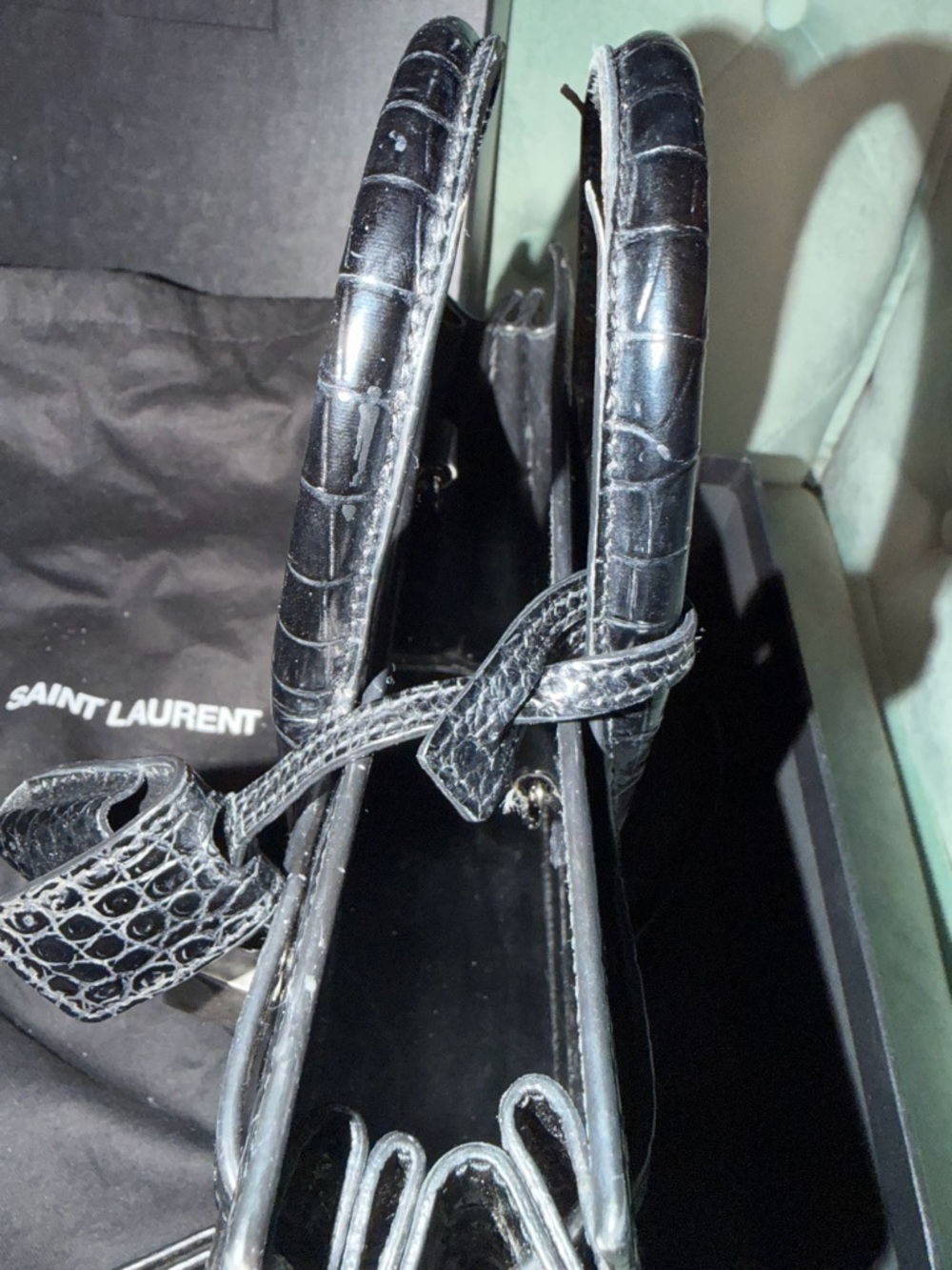Authentic Saint Laurent Black Croc-Embossed Leather Top Handle Satchel - Picture 11 of 14